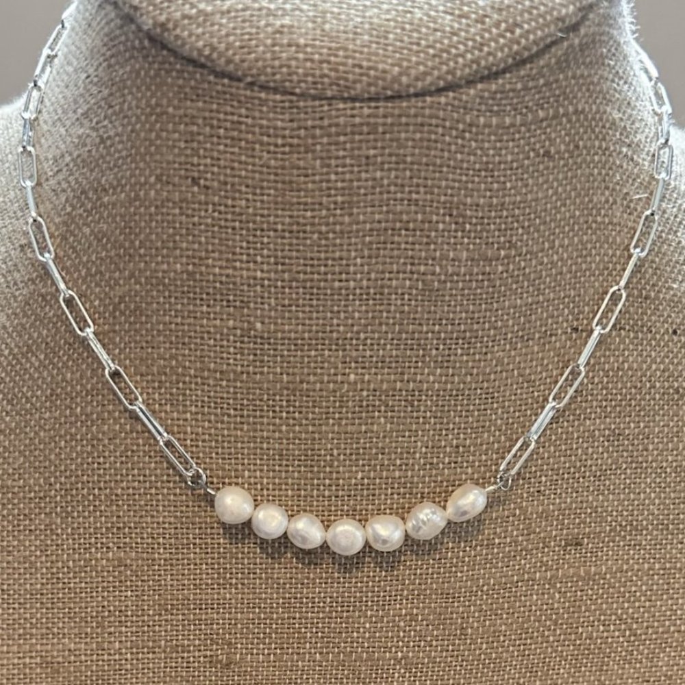 Silver Paperclip Pearl Necklace 16.5”+2”